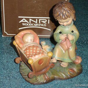 Anri 6" Wood Carving Figurine "Rock A Bye" Baby Shower Gift Signed With Box!